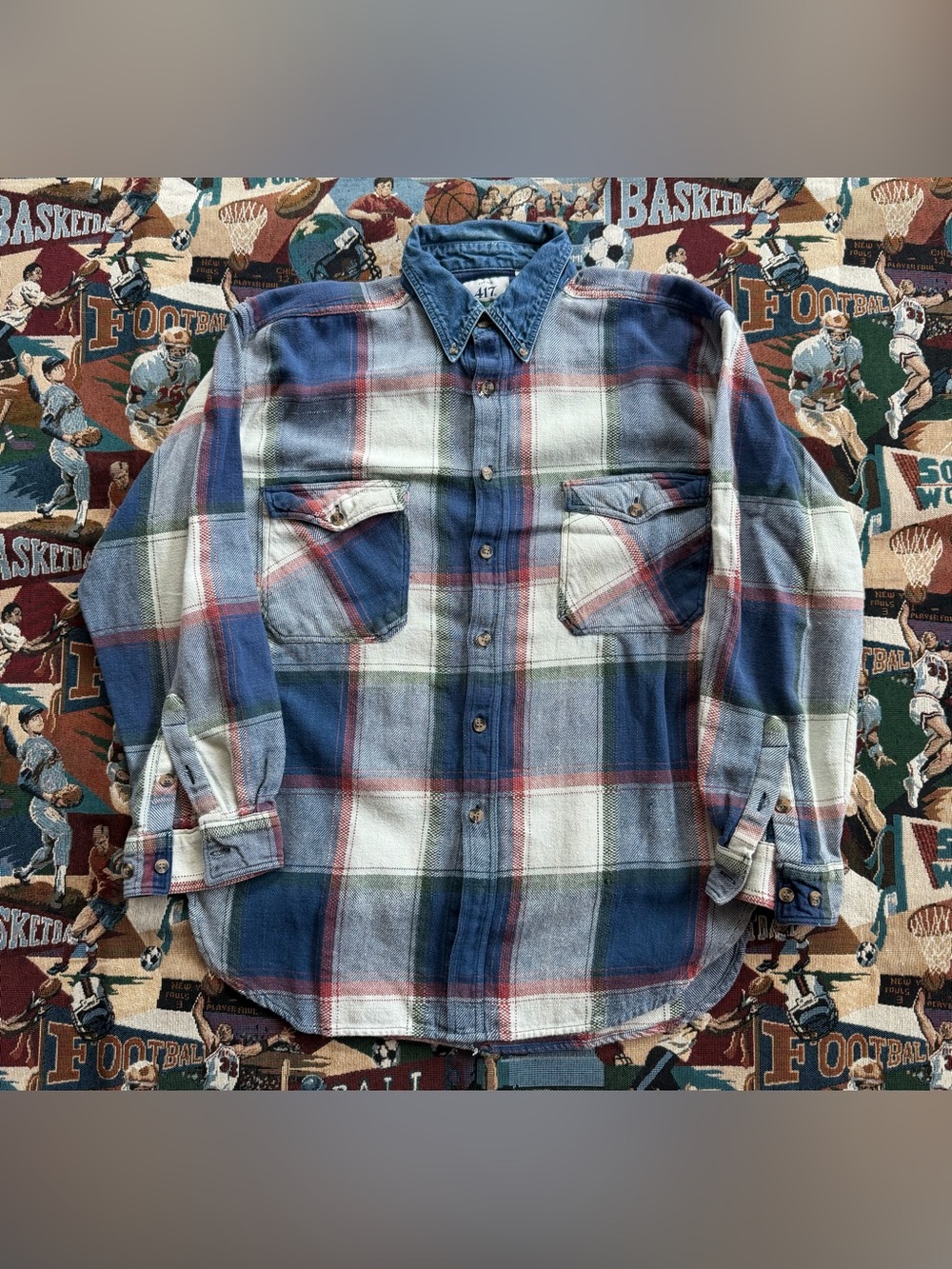 Vintage 90s Men’s 417 Van Heusen Blue Plaid Denim Button Up Shirt
